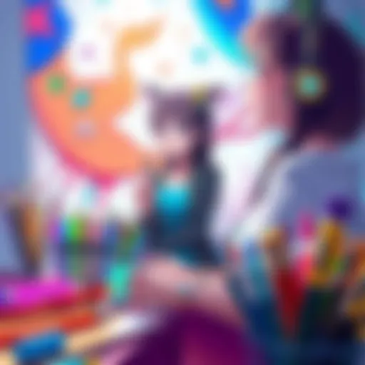 Artistic scene of Raora leading a live drawing stream with various colorful art supplies around