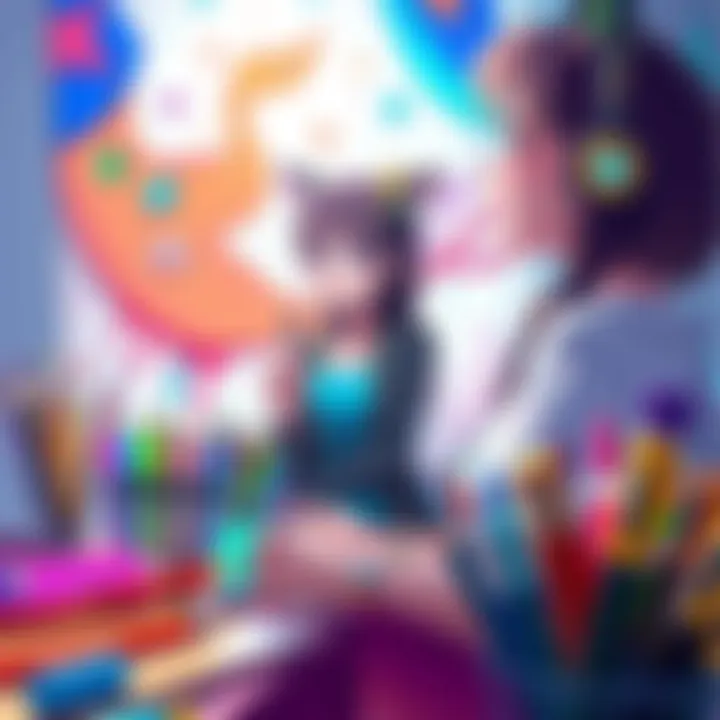 Artistic scene of Raora leading a live drawing stream with various colorful art supplies around