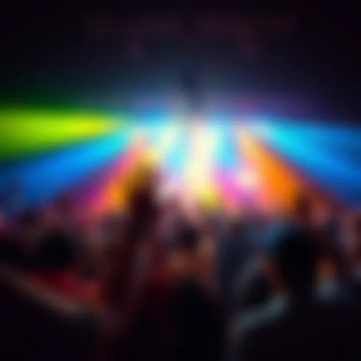 A crowd enjoying a live event, cheering and celebrating on stage with colorful lights