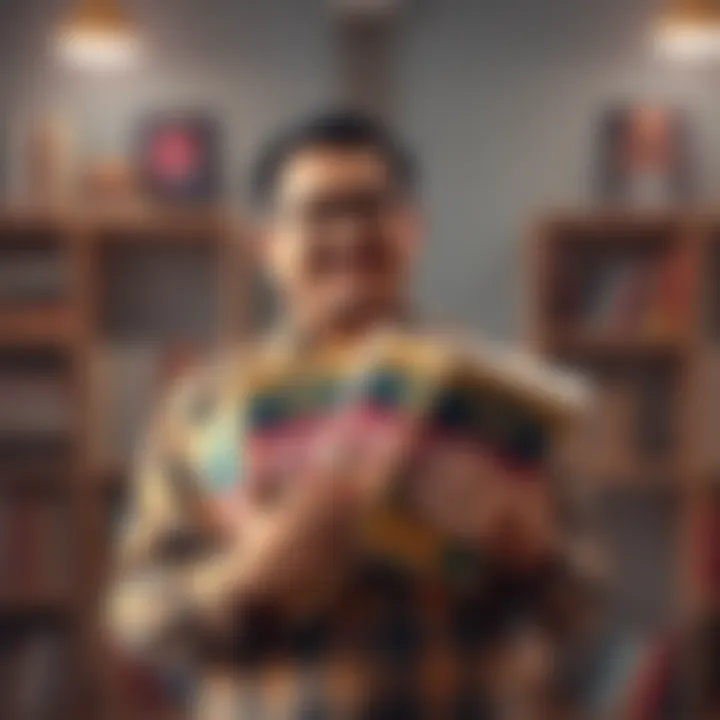 A local creator proudly holds copies of all published volumes