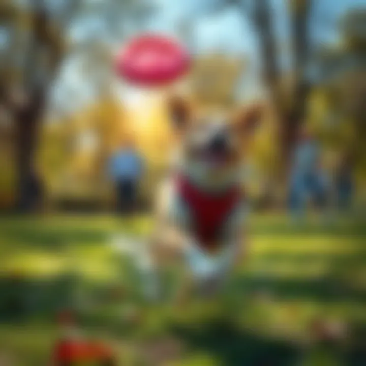 A cheerful local dog running and playing with a frisbee in a sunny park, surrounded by happy people