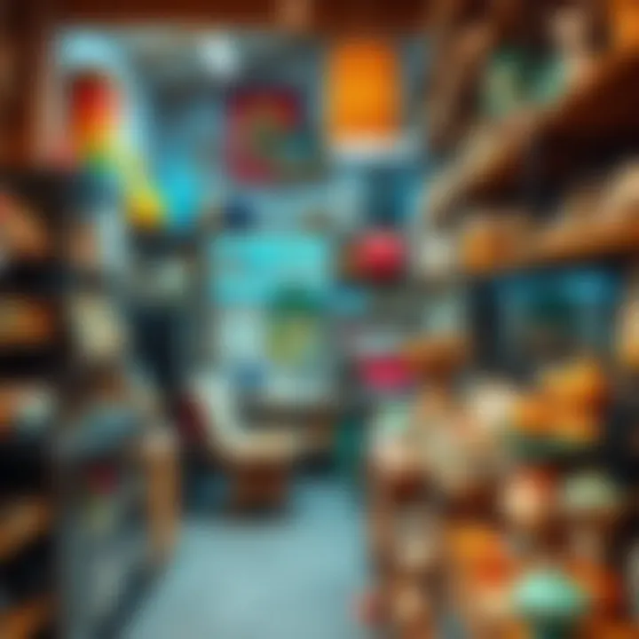 A display of unique items in a cozy local shop, showcasing colorful collectibles and practical goods on shelves.
