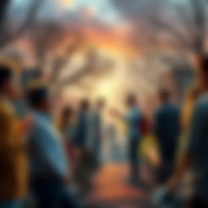 A group of people in a small town arguing at a local park, showing tension between two sides.