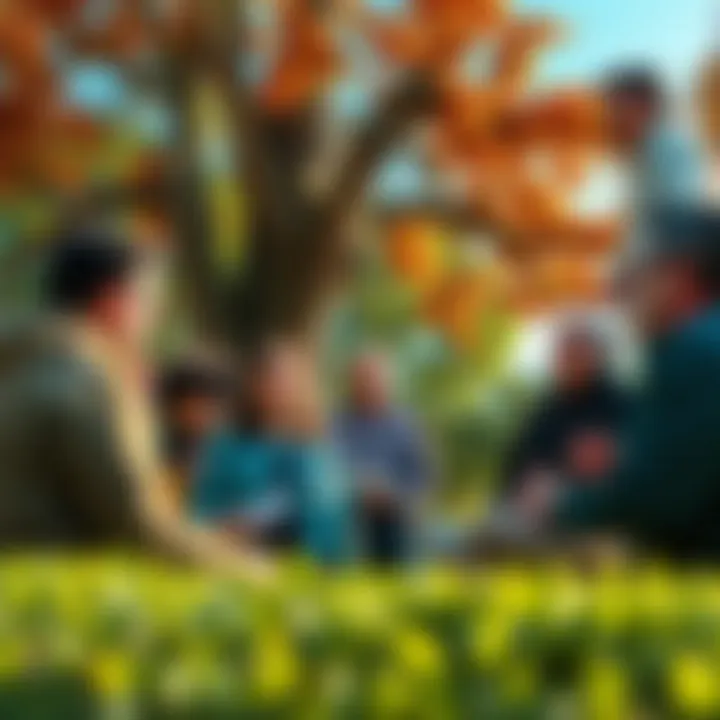 A group of residents discussing the condition of the trees in the community park with worried expressions.