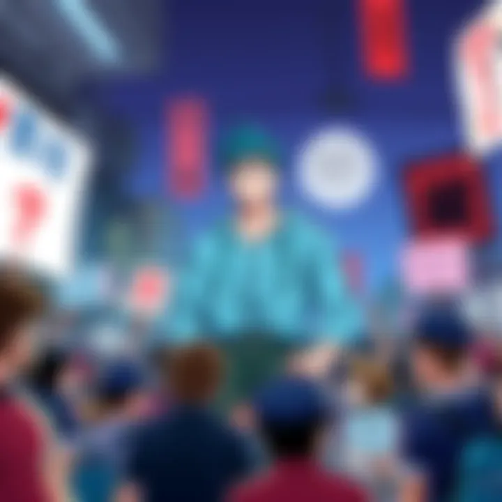 Loden stands prominently in a manga scene, surrounded by fans discussing his role and impact. Some hold signs expressing support while others show signs of discontent.