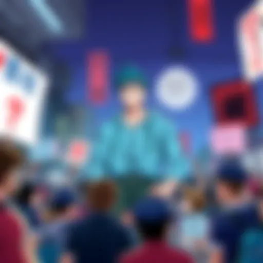 Loden's Manga Return Loden stands prominently in a manga scene, surrounded by fans discussing his role and impact. Some hold signs expressing support while others show signs of discontent.