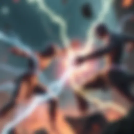 An intense battle scene showing a Logia user with electric powers facing off against a Viltrumite in a dramatic confrontation, showcasing their abilities.