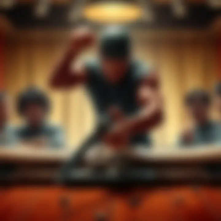 Loid demonstrating his strength by breaking a table in half while surprised onlookers watch.