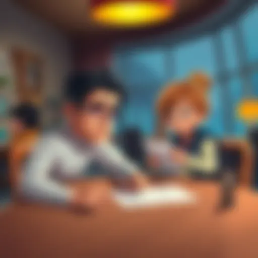Loid sits at a table with a frustrated expression while Anya doodles on paper, showing a gap in their learning session.