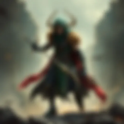 Loki, the trickster god, stands ready for combat, showcasing his magical powers and weapons in a dramatic pose.