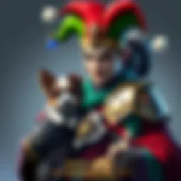Loki dressed in a colorful jester outfit with a playful expression, and Simo in knight armor beside him holding his dog