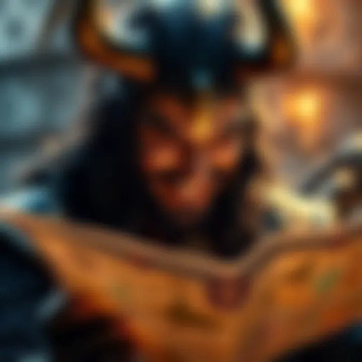 Loki with a mischievous grin Loki, the God of Mischief, smirking while looking at a map filled with schemes and plans