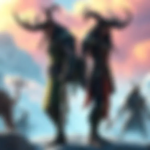 Loki and Ragnir standing side by side, showcasing their unique features and styles, with a backdrop of a colorful fantasy landscape.