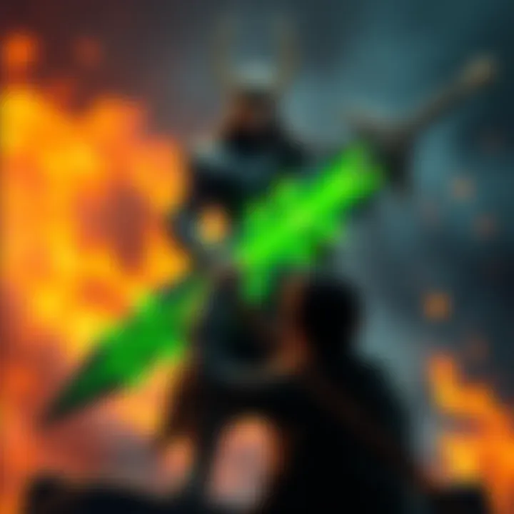 Loki stands confidently with Ragnir, a massive sword glowing with power, while his brother struggles to lift it.
