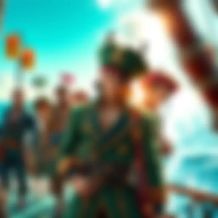 Loki stands confidently among the Strawhat crew, showcasing his mischievous smile and distinctive green and gold outfit, against a bright ocean backdrop.