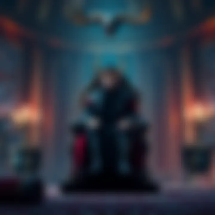 A dramatic scene of Loki sitting on a throne in a grand hall, surrounded by symbols of power and mischief, representing his victory over the realms.