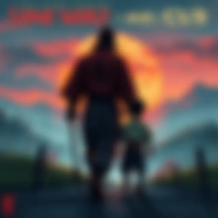 A samurai and a child walking together through a scenic landscape, symbolizing adventure and bond.