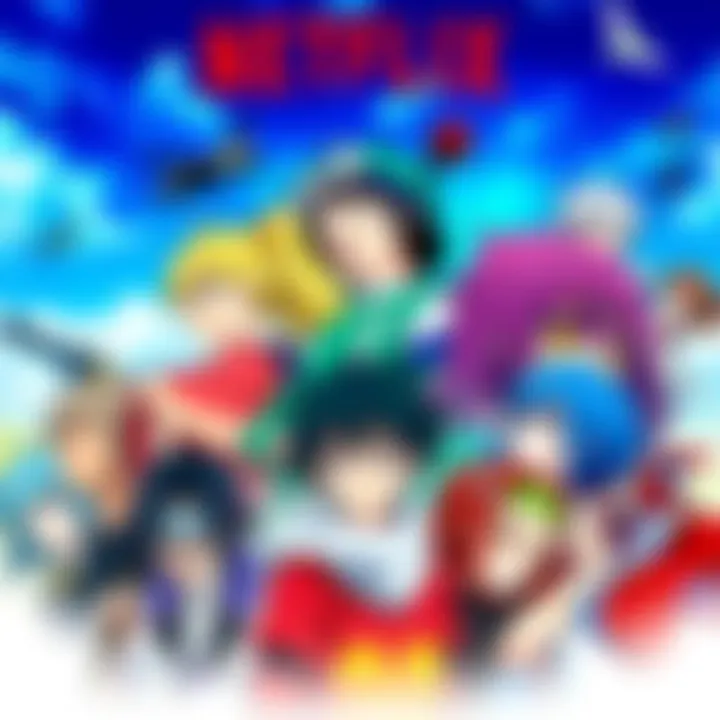 A collage of popular anime characters from various long series available on Netflix, showcasing action and emotional moments.