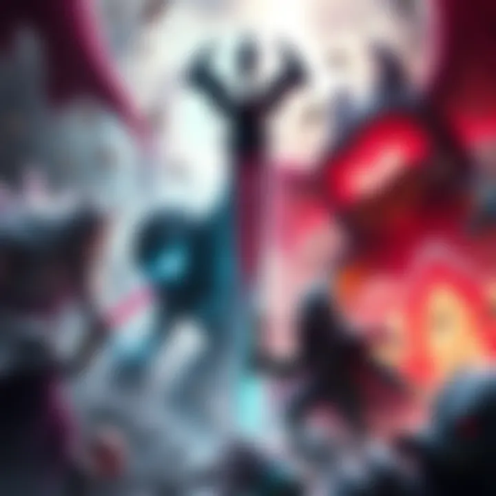 Clash of Long Quiet and Anti Spiral A dramatic scene depicting the showdown between the Long Quiet and Anti Spiral, featuring contrasting elements of dark and light representing their conflict. Characters from Slay the Princess and Gurr...