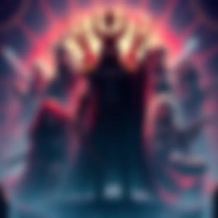 A figure representing Lord Imu surrounded by various characters, suggesting a harem of baddies in a fantasy setting.