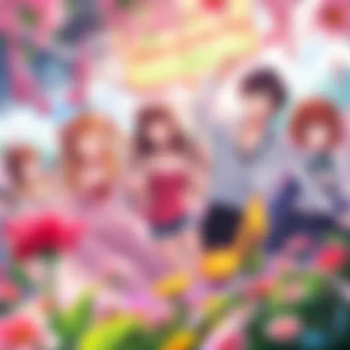 Love Live! Bloom Garden Party Movie Characters from Love Live! in a vibrant garden setting, celebrating together with flowers and music notes around them.
