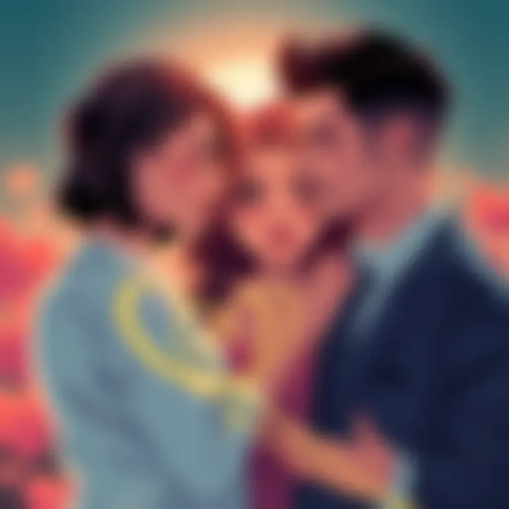A romantic scene showing three people in a love triangle, with expressions of affection and tension among them.
