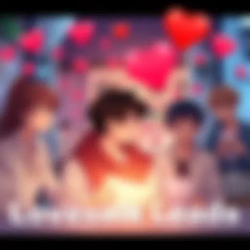 A scene showing lovesick male leads from popular romance animes, expressing their feelings with love letters and heart emojis.
