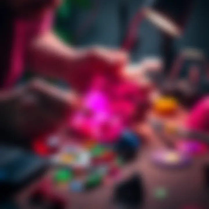 A person crafting a low poly ruby using colored materials and tools on a table.