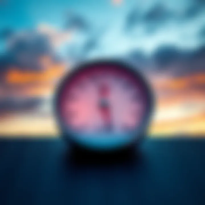 A barometer showing low pressure levels with a cloudy sky in the background