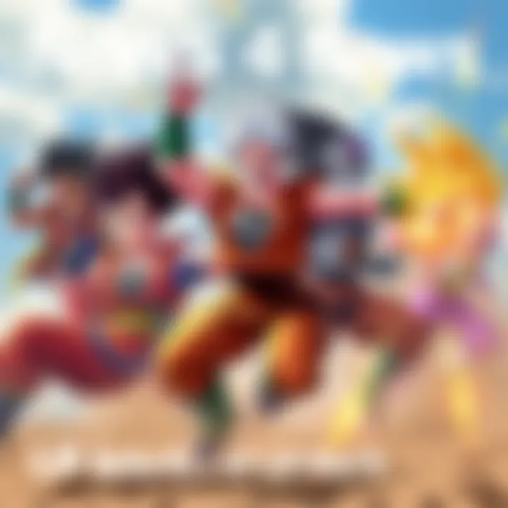 Dynamic scene featuring characters from the LR SSJ4 series in action poses, showcasing energy and excitement as they prepare for new adventures.