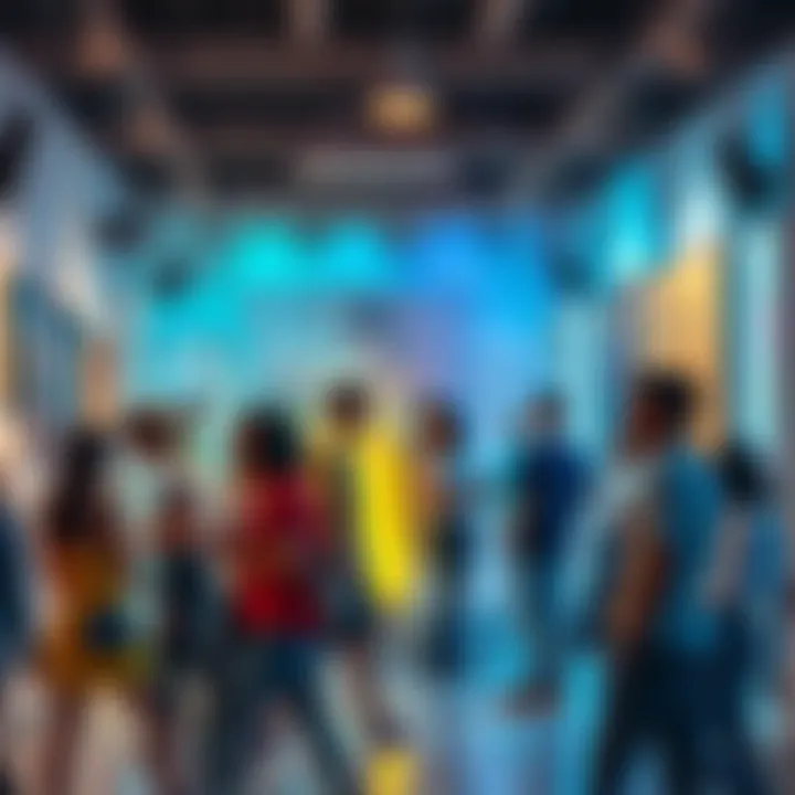 A vibrant scene showing diverse people interacting with art and culture influenced by Luce Fumo, showcasing creativity and modern trends.