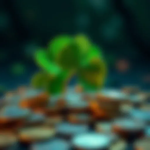 A four-leaf clover representing good luck, surrounded by coins and symbols of fortune.