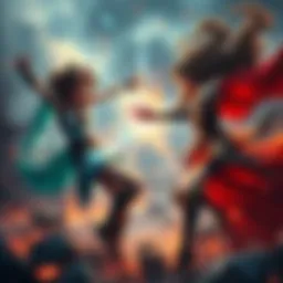 Luck Voltia and Noelle Silva clash in an intense magical duel, surrounded by a dramatic battlefield filled with energy and tension.