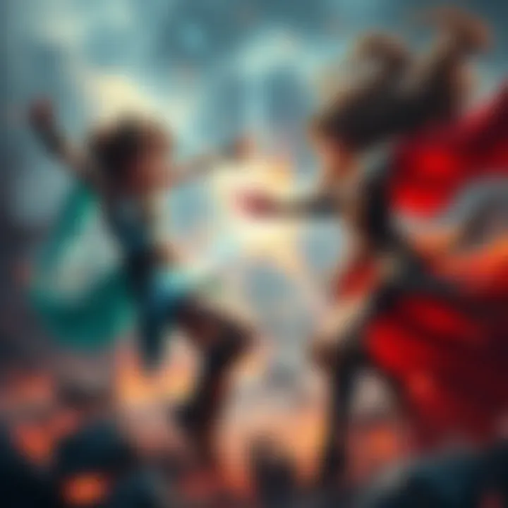 Luck Voltia and Noelle Silva clash in an intense magical duel, surrounded by a dramatic battlefield filled with energy and tension.