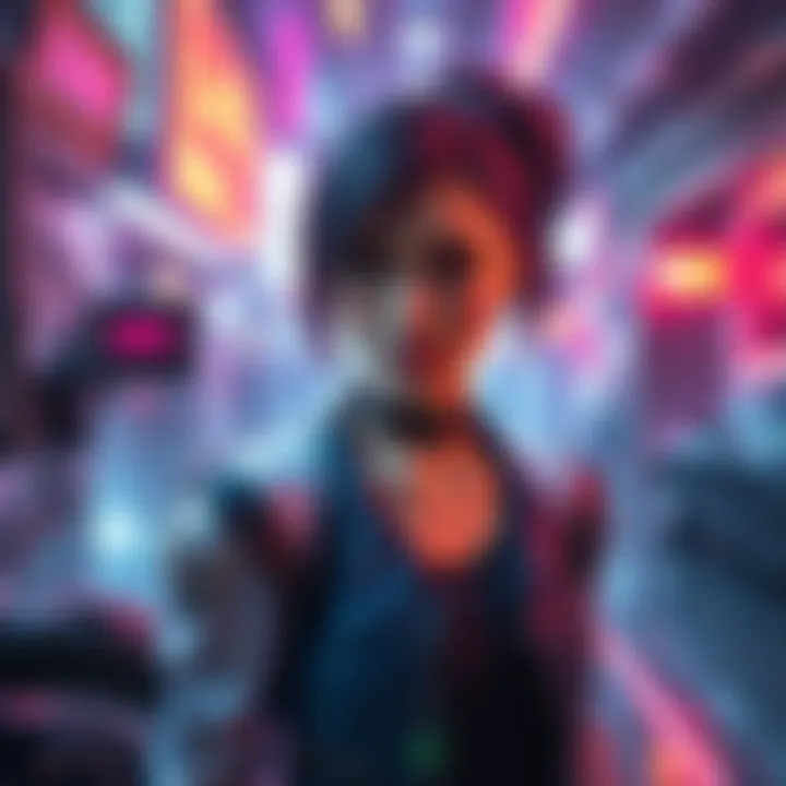 A futuristic scene featuring Lucy, a cyberpunk character with neon lights and high-tech elements around her, reflecting her connection to technology and humanity.