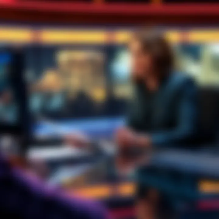 Lucy MacLean at a news desk Lucy MacLean sits at a news desk, reviewing documents and looking focused, with a concerned expression.