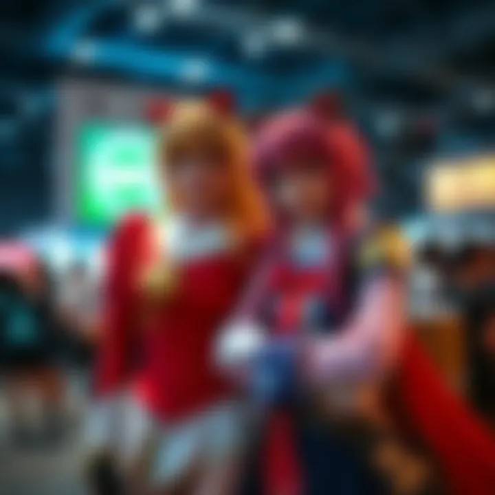 Two fans dressed as Lucy and Natsu from a popular anime, showcasing detailed costumes and character poses at a cosplay event.