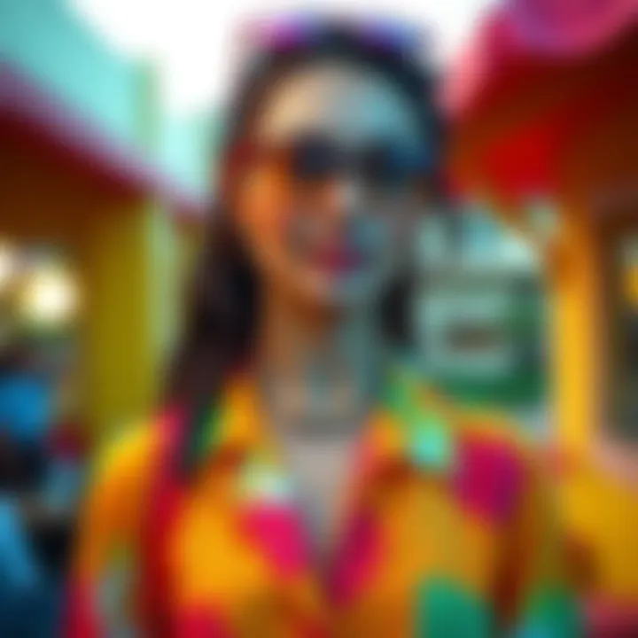 Lucy in colorful Sun Village outfit Lucy wearing a bright outfit with vibrant colors inspired by Sun Village, showcasing summer fashion styles.