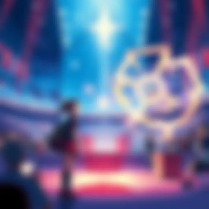 Lucy and Yukino facing off in a magical duel at the Grand Magic Games arena, with spectators watching excitedly.