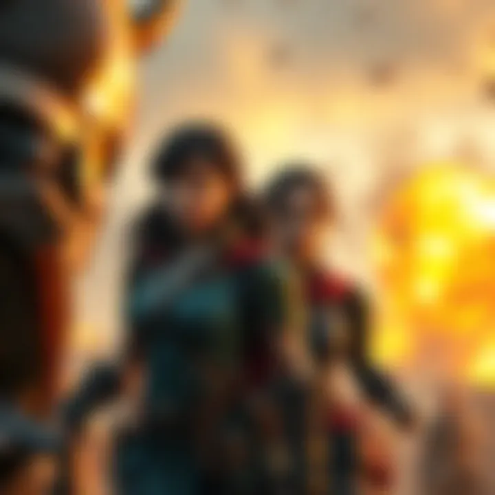 Lucy and Wendy stand strong, facing a powerful opponent with a focused expression, ready for action in a dramatic battle scene