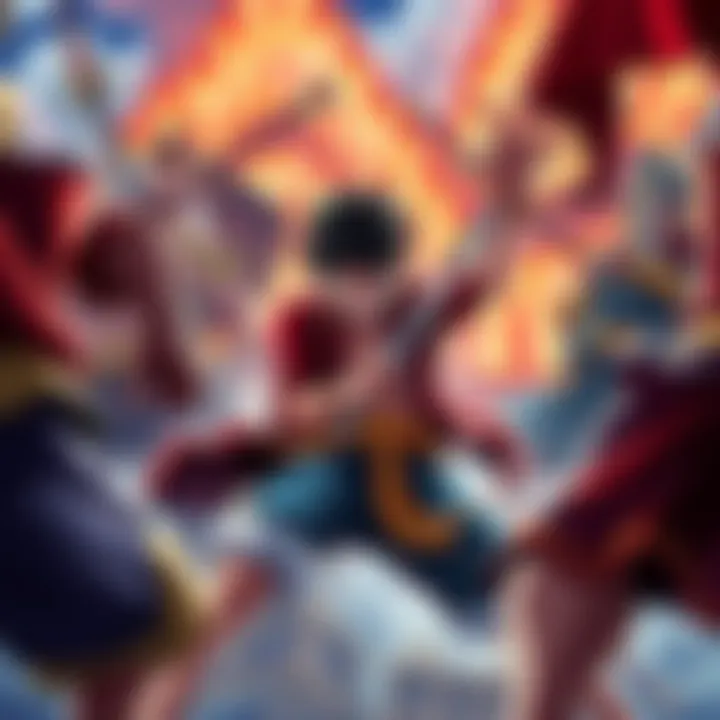 Luffy engages in a fierce battle with multiple admirals, showcasing his strength and determination against powerful foes.