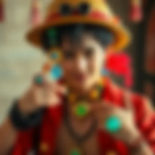 A person dressed as Luffy from anime, showcasing unique handmade jewelry, with focus on colorful tunnels in the cosplay design