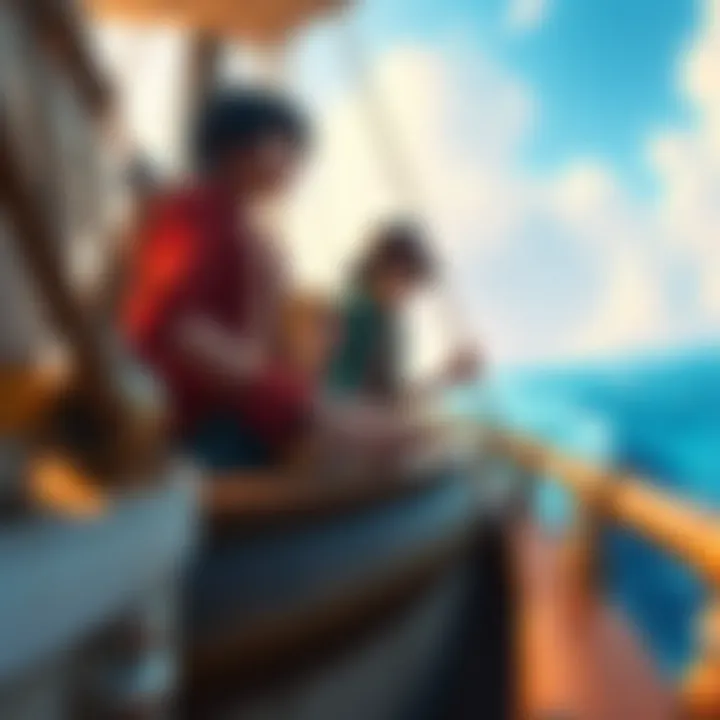 The main character Luffy with his crew sailing on a pirate ship, looking excited and ready for adventure