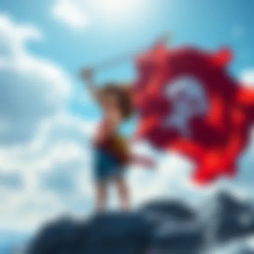 Luffy raises a flag symbolizing his ambition to become the king of the world in One Piece