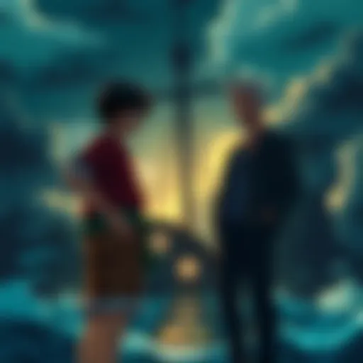 Luffy stands with Rayleigh, discussing their time together while shadows loom over a ship, emphasizing time spent apart from his crew.