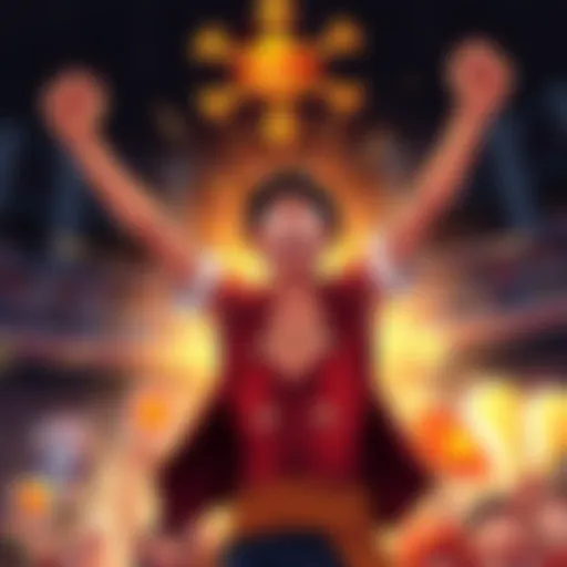 Luffy celebrating victory Luffy stands triumphantly with his arms raised, showing excitement after defeating Imu, surrounded by cheering fans, showcasing the shift in series rankings