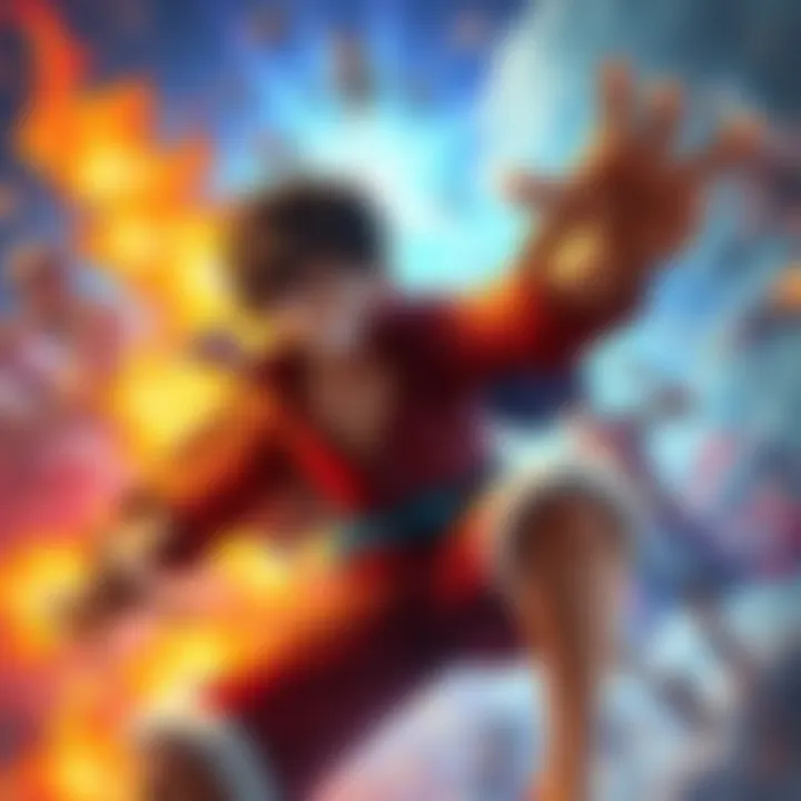 Luffy in Action Luffy showcasing his powers in a dynamic pose, surrounded by a vibrant battle scene from the Alabasta arc