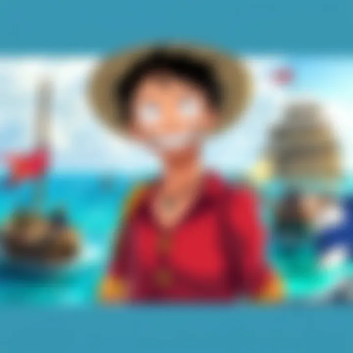 Luffy wearing his signature straw hat, smiling confidently with a backdrop of the ocean and a ship, showcasing his adventurous spirit.