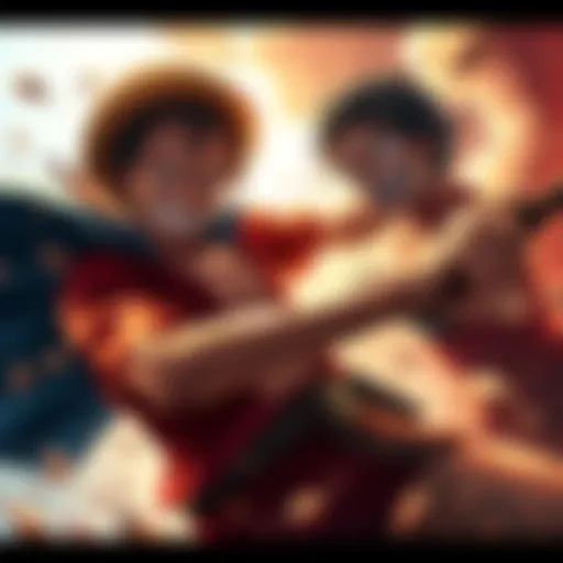 Luffy faces off against a powerful opponent in an intense battle scene, showcasing their determination and strength.