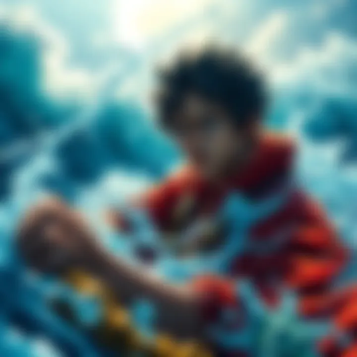 Luffy battling at sea Luffy surrounded by sea water, looking determined as he prepares for a challenge against the waves.